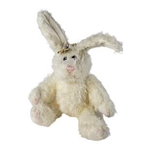 1997 Chrisha Playful Plush White Bunny with Bow, 9 Inch Stuffed Animal Rabbit